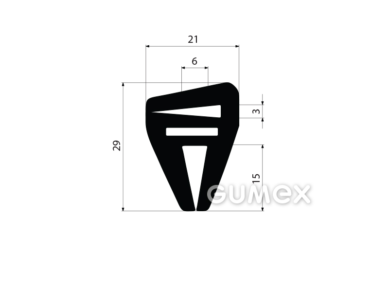 Pryžový profil tvarový s 2 dutinkami, 29x21mm, 70°ShA, EPDM, -40°C/+100°C, černý